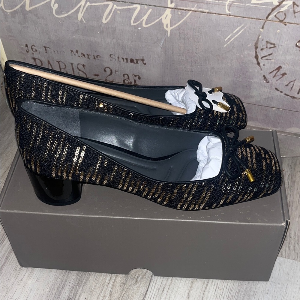 Franco Sarto Black and Gold Sequin Heels